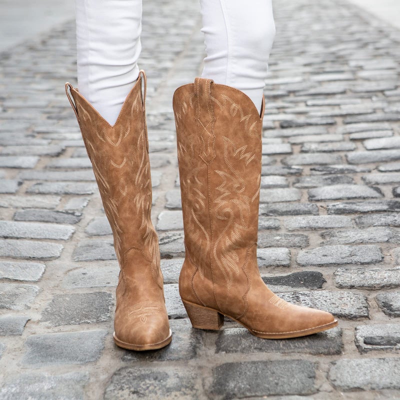 Rollda Cowboy Boots for Women Cowgirl Boots Embroidered Knee-High Western Boots Pointy Toe with Chunky Heel Tan Size 8.5 - Image 5