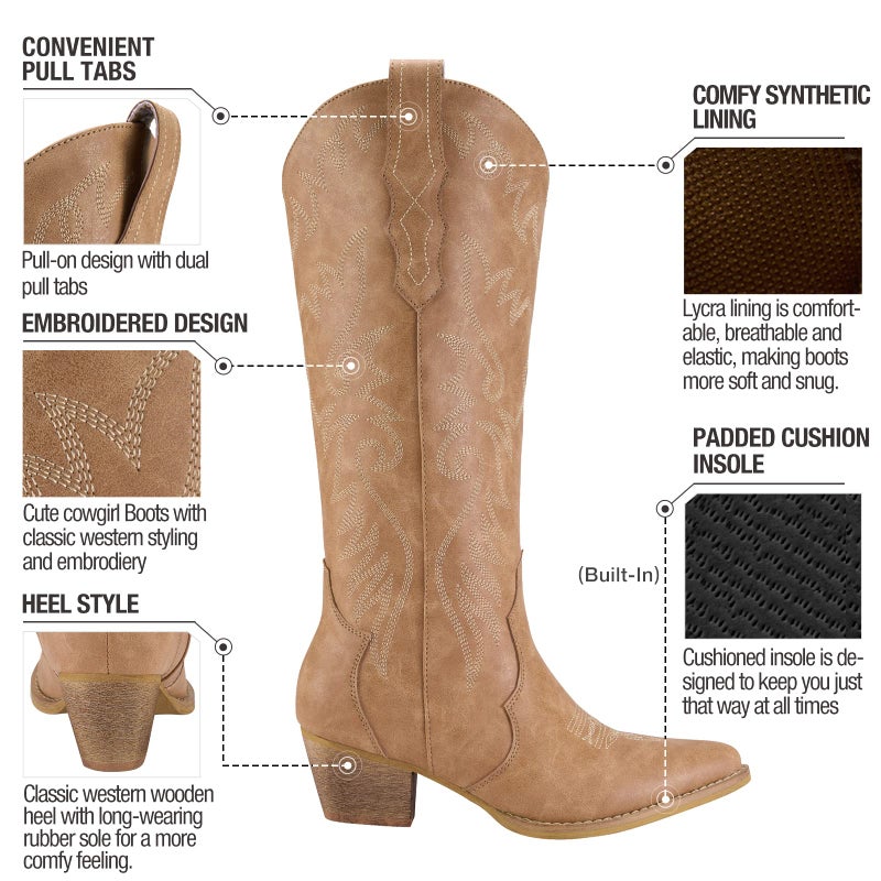 Rollda Cowboy Boots for Women Cowgirl Boots Embroidered Knee-High Western Boots Pointy Toe with Chunky Heel Tan Size 8.5 - Image 4