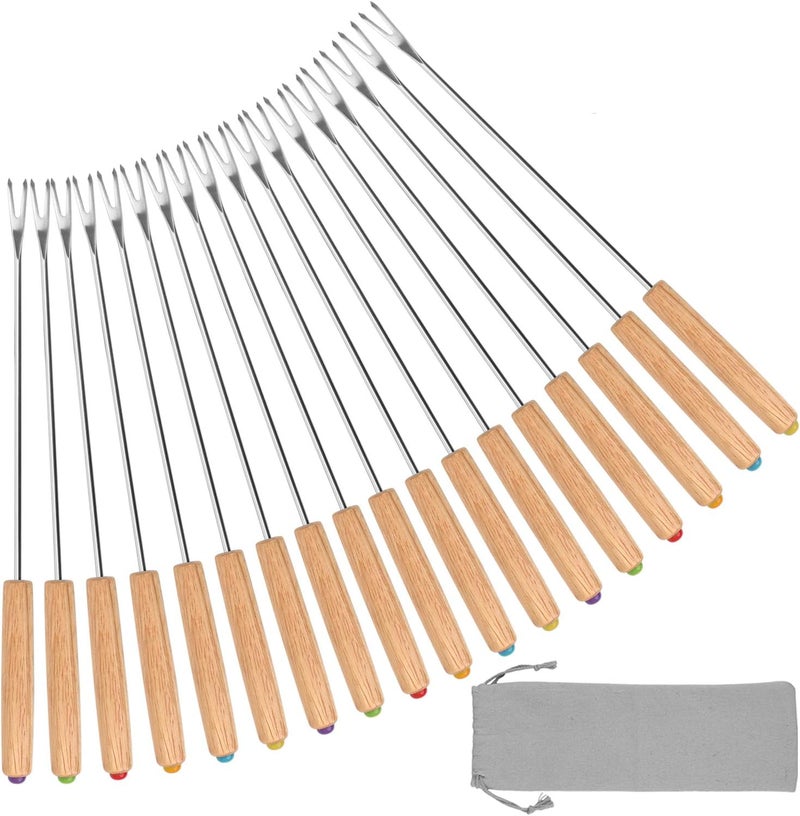 STYDDI Fondue Fork, 18Pcs Stainless Steel Color Coding Fondue Forks with Wooden Handle for Chocolate Fountain Cheese Fondue Roast Marshmallows, 9.5 Inch - Image 1