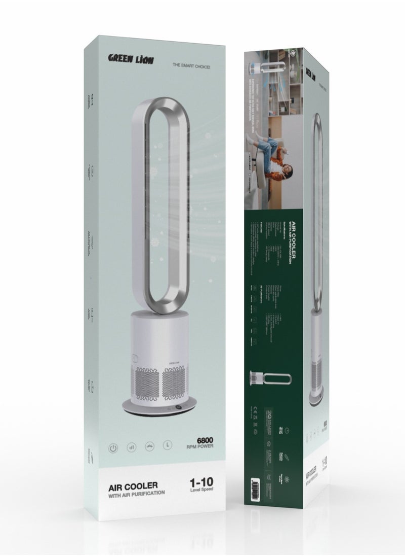GREEN LION - Air Cooler with Air Purification / UK Plug / 1-10 Level Speed / Digital Display / Touch Keys / Smart Timing / Leafless Safe / 6800 RPM / Low Noise / Bladeless Safety / Modern Design - Silver & White - Image 1