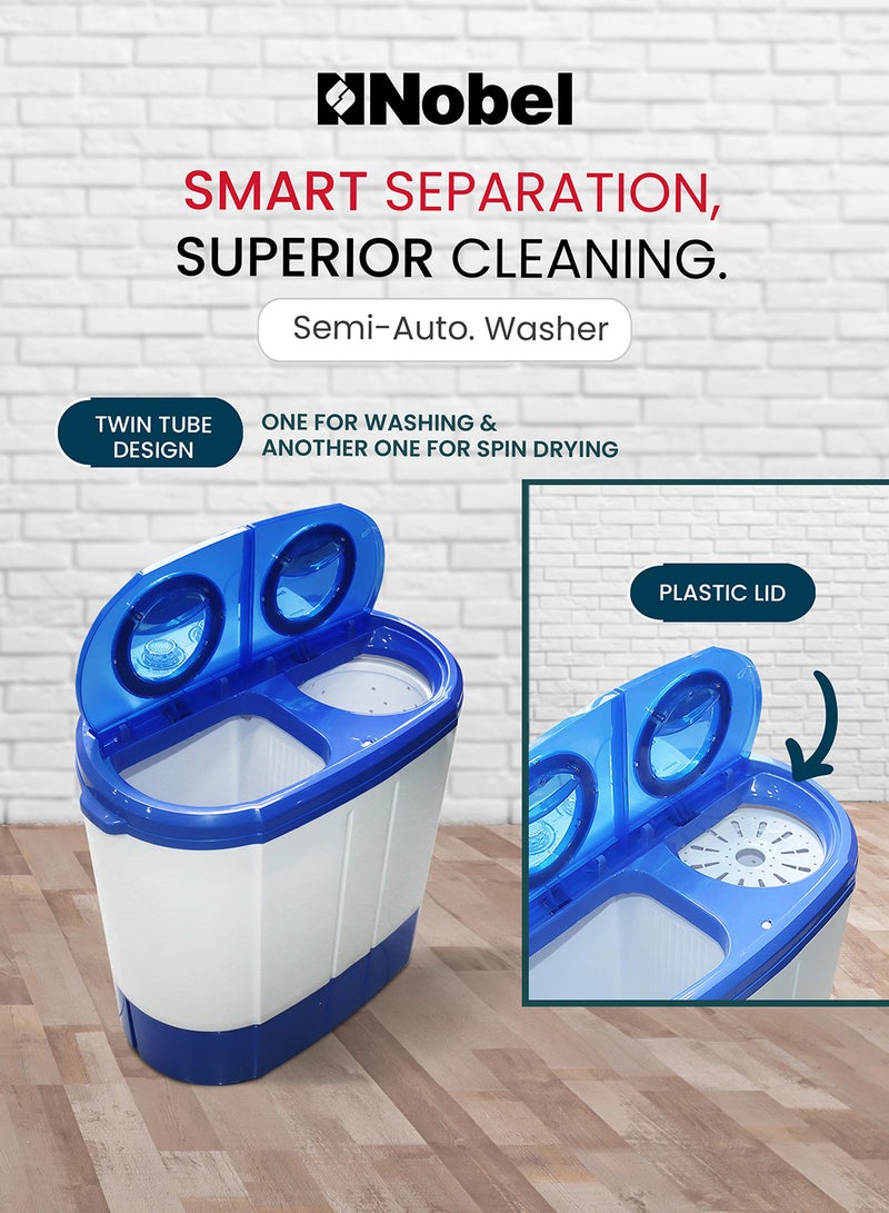 Nobel 3/1 KG Compact Washing Machine with 3KG Washing and 1 KG Spin Capacity, 3 Knobs Control for Washing and Spinning, Durable High-Quality Plastic Body, IPX4 Rating, 60W Wash Power, 25W Spin Power, Energy Efficient 2.5 kg NWM300 White - Image 2