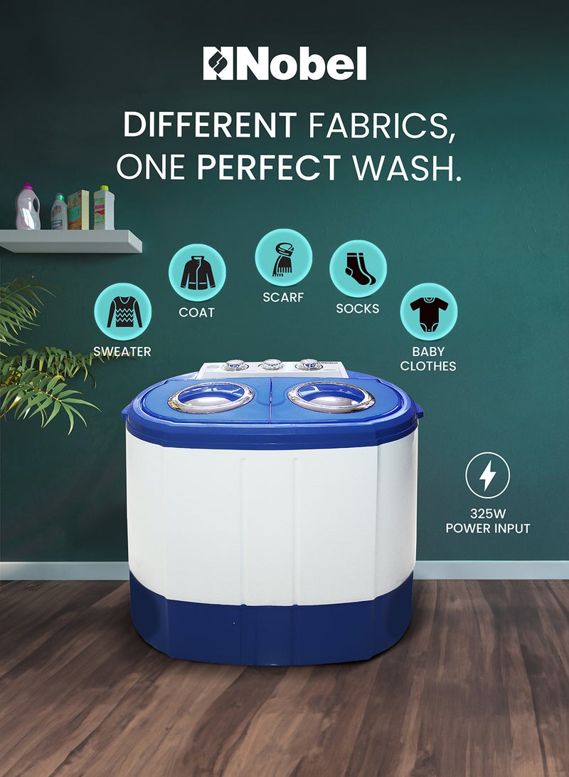 Nobel 3/1 KG Compact Washing Machine with 3KG Washing and 1 KG Spin Capacity, 3 Knobs Control for Washing and Spinning, Durable High-Quality Plastic Body, IPX4 Rating, 60W Wash Power, 25W Spin Power, Energy Efficient 2.5 kg NWM300 White - Image 4