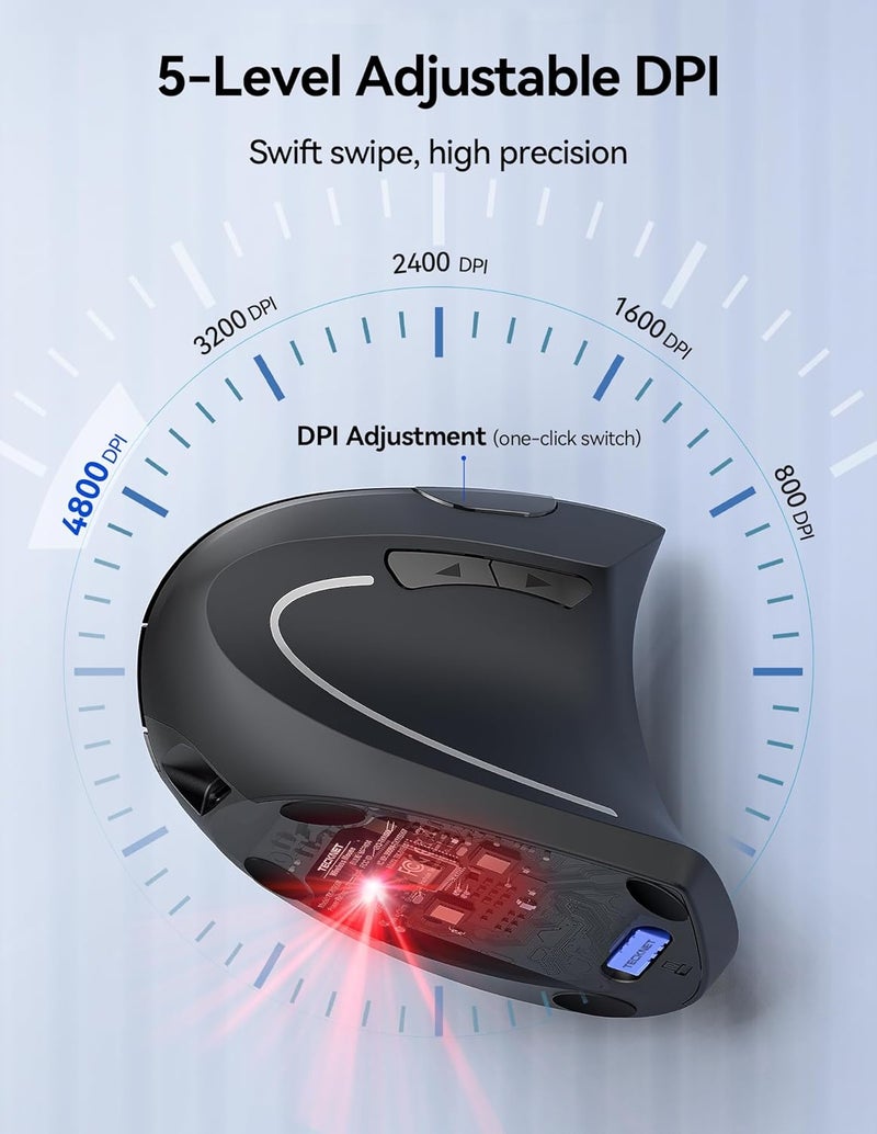 TECKNET Ergonomic Mouse, Wireless Rechargeable Vertical Mouse for Carpal Tunnel Right Hand, 4800 DPI 5 Adjustable Levels 2.4GHz with USB-A Receiver, Silent Click, for Laptop, PC, Desktop (Not USB-C) - Image 3