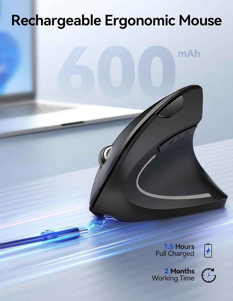TECKNET Ergonomic Mouse, Wireless Rechargeable Vertical Mouse for Carpal Tunnel Right Hand, 4800 DPI 5 Adjustable Levels 2.4GHz with USB-A Receiver, Silent Click, for Laptop, PC, Desktop (Not USB-C) - Image 2