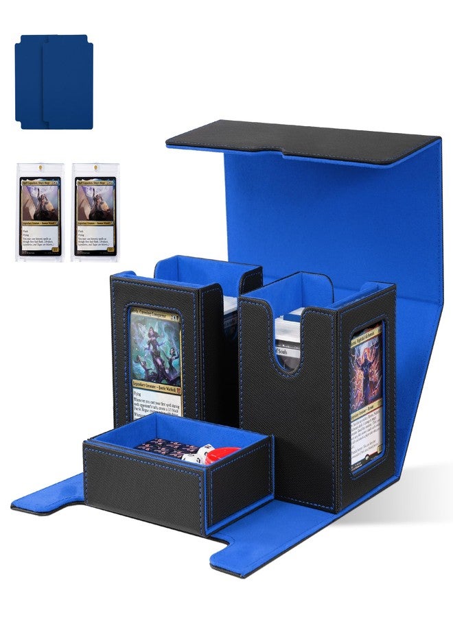 زد ال سي اي صندوق بطاقات ZLCA مع نافذة عرض Commander، صندوق بطاقات MTG مع صينية نرد يحمل أكثر من 200 بطاقة مزدوجة الغطاء، حافظة تخزين بطاقات مناسبة لـ YuGiOh وMTG وSport (أسود وأزرق) - Image 1