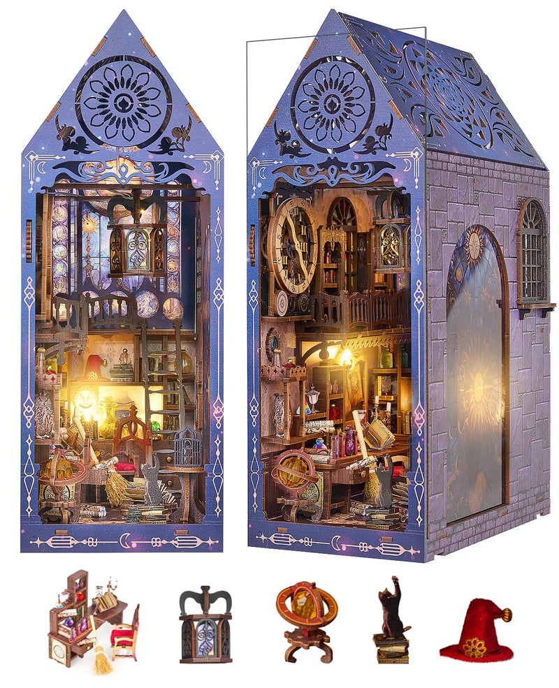 FLYNOVA DIY Book Nook Kit,Magic Dollhouse Kit DIY Miniature House Kit for Adults Teens,Booknook Bookend Bookshelf Decor,3D Wooden Puzzle with LED & Dust Cover,Easter Halloween Home Decor Birthday Gifts - Image 1
