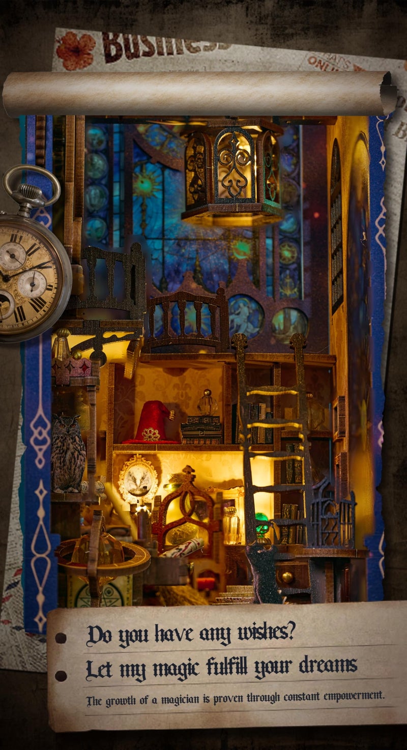 FLYNOVA DIY Book Nook Kit,Magic Dollhouse Kit DIY Miniature House Kit for Adults Teens,Booknook Bookend Bookshelf Decor,3D Wooden Puzzle with LED & Dust Cover,Easter Halloween Home Decor Birthday Gifts - Image 2