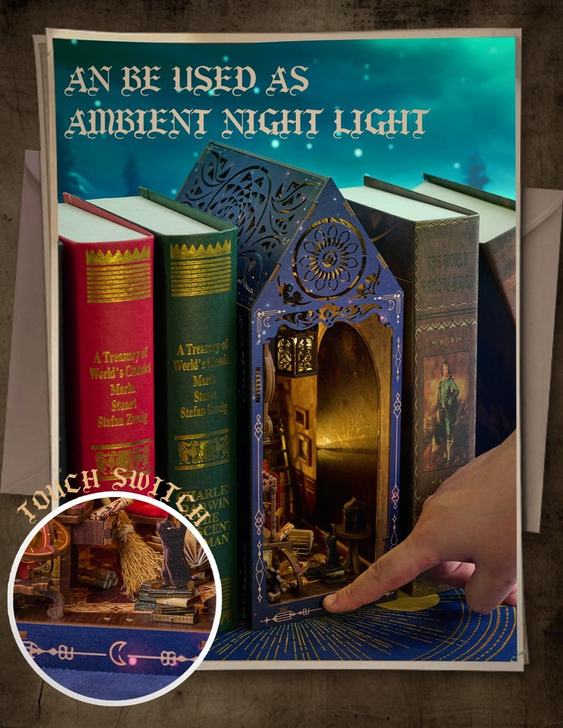FLYNOVA DIY Book Nook Kit,Magic Dollhouse Kit DIY Miniature House Kit for Adults Teens,Booknook Bookend Bookshelf Decor,3D Wooden Puzzle with LED & Dust Cover,Easter Halloween Home Decor Birthday Gifts - Image 3