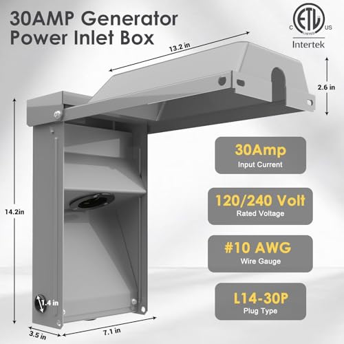 HUBRV 30 Amp Generator Inlet Box No Drilling NEMA 3R Weatherproof Outdoor Receptacle for 4 Prong Generator Cord (NEMA L14-30P), 125/250V,7500W 30Amp, ETL Listed, Transfer Switch Inlet for House - Image 4