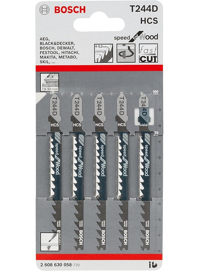 BOSCH T244D Jigsaw Blades 100 Mm Length High Carbon Steel Material Is Appropriate For Cutting Softwood And Non Abrasive Woodworking Materials Large Progressive Tooth Pitch 4 5.2 Mm 5 Pcs - Image 1