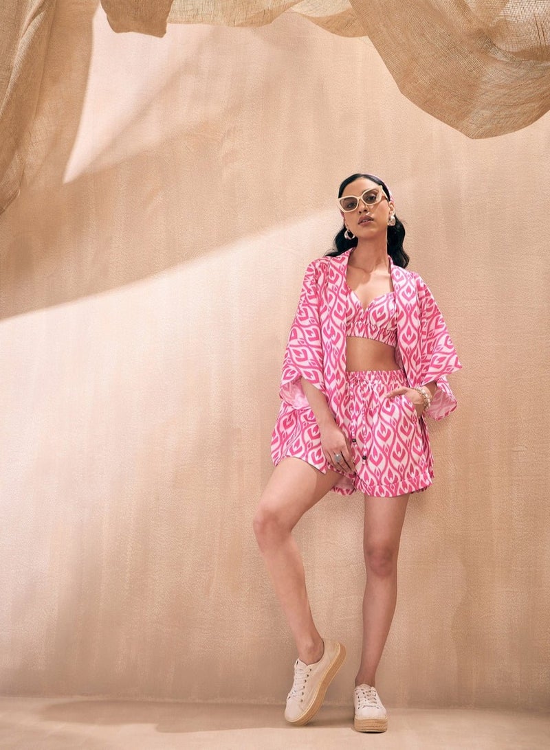 PRASHA Women Pink & White Ikat Shorts With Bustier And Shrug - Image 2