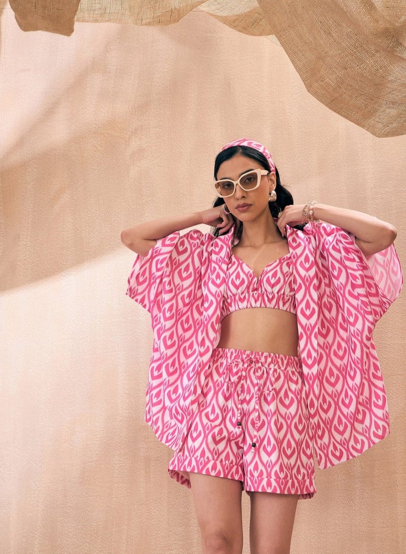PRASHA Women Pink & White Ikat Shorts With Bustier And Shrug - Image 1