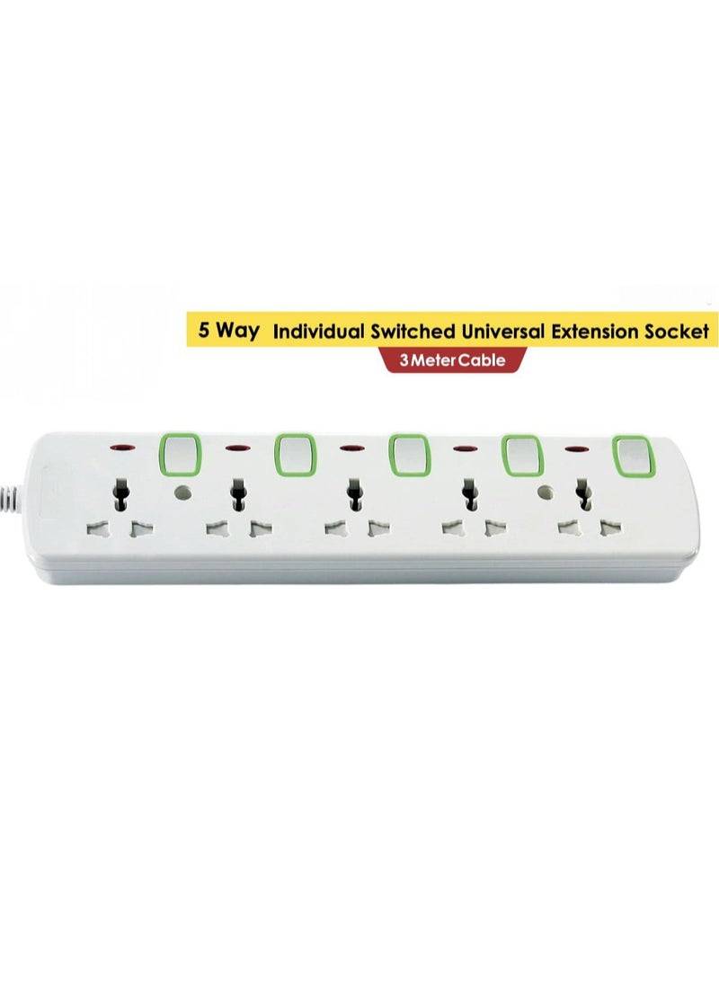 Generic Multi Plug Power Extension Socket, 5-Way Universal Wall Socket, 3M Heavy-Duty Cord, 3-Pin Universal Plug – Surge Protector for Home, Office & Kitchen Electronics  - Image 1