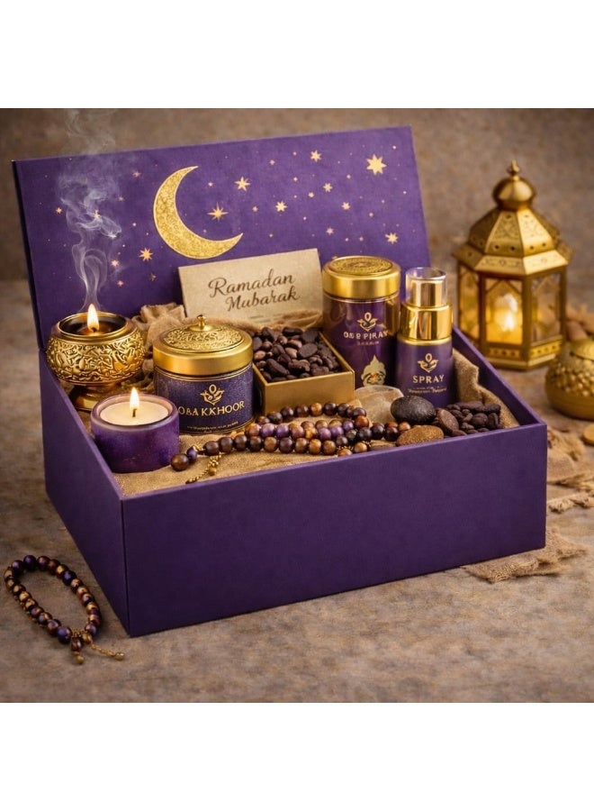 Luxury Ramadan Gift Box with Oud Bakhoor, Perfume Spray, Incense Burner, Prayer Beads & Candle – Elegant Ramadan Mubarak Gift Set