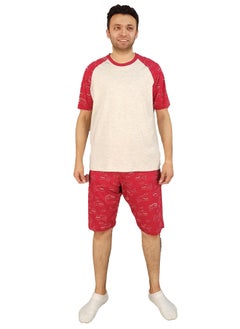 Jet Men Summer Pajama Set Plan Top &Printed Short-Red*Beige  - Image 1