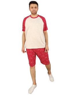 Jet Men Summer Pajama Set Plan Top &Printed Short-Red*Beige  - Image 2