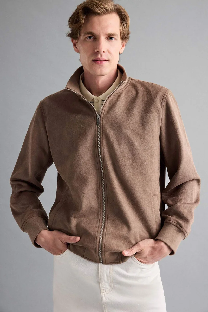 Slim Fit Suede High Neck Puffer Jacket