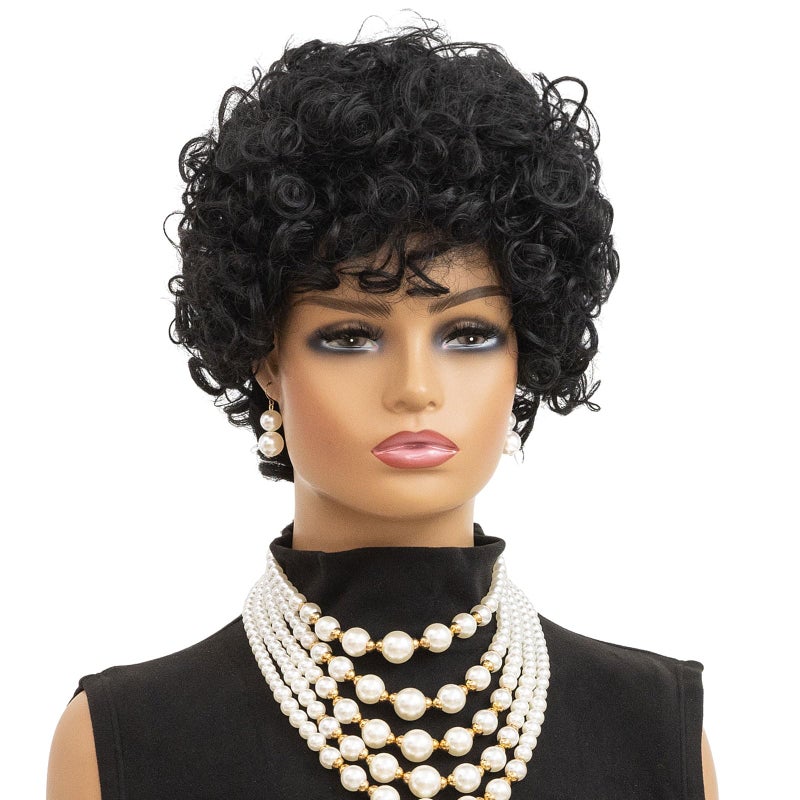 MOONSHOW Short Curly Wigs for Black Women Pixie Cut Wig Curly Bob Wigs for Black Women Short Wig with Bangs Synthetic Afro Wigs Black Curly Wigs for African American Women (Natural Black) - Image 3