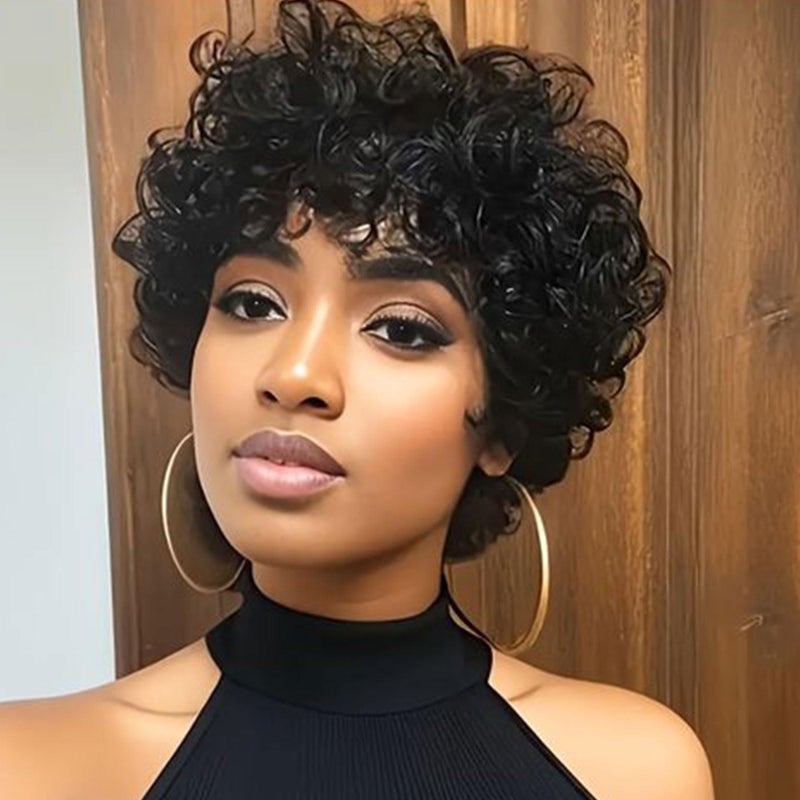 MOONSHOW Short Curly Wigs for Black Women Pixie Cut Wig Curly Bob Wigs for Black Women Short Wig with Bangs Synthetic Afro Wigs Black Curly Wigs for African American Women (Natural Black) - Image 1