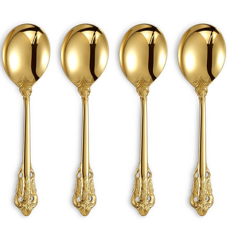 KEAWELL Gorgeous Round Soup Spoon Set of 4 1810 Stainless Steel Luxury Bouillon Spoon Dishwasher Safe Fine Mirror Polished Gold