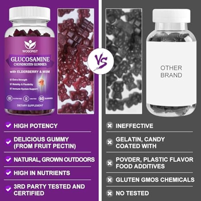 WOGORGT Glucosamine Chondroitin Gummies for Women & Men - 1500mg Glucosamine Chondroitin with MSM & Elderberry - Flexibility & Immune Support - 60 Gummies (2 Pack) - Image 5