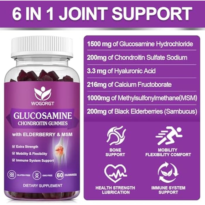 WOGORGT Glucosamine Chondroitin Gummies for Women & Men - 1500mg Glucosamine Chondroitin with MSM & Elderberry - Flexibility & Immune Support - 60 Gummies (2 Pack) - Image 3