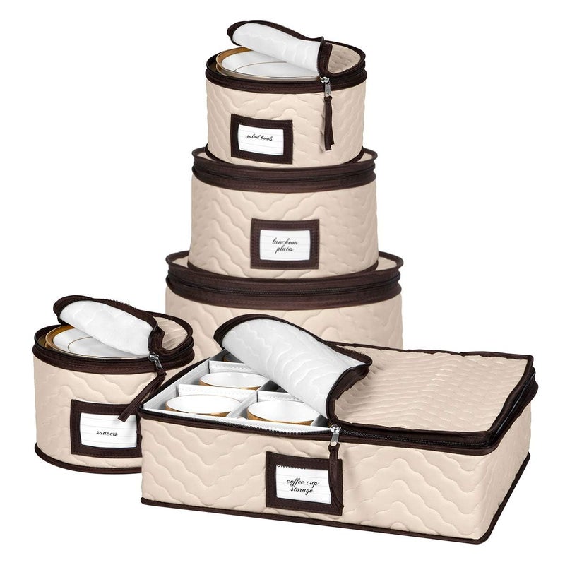 HOLDN’ STORAGE China Storage Containers 5-Piece Set Moving Boxes for Dinnerware, Glasses, Plates, Mugs and Saucers Sturdy Quilted Microfiber Dish Organizer with Dividers for Seasonal Storage - Holds Set of 12 - Image 1