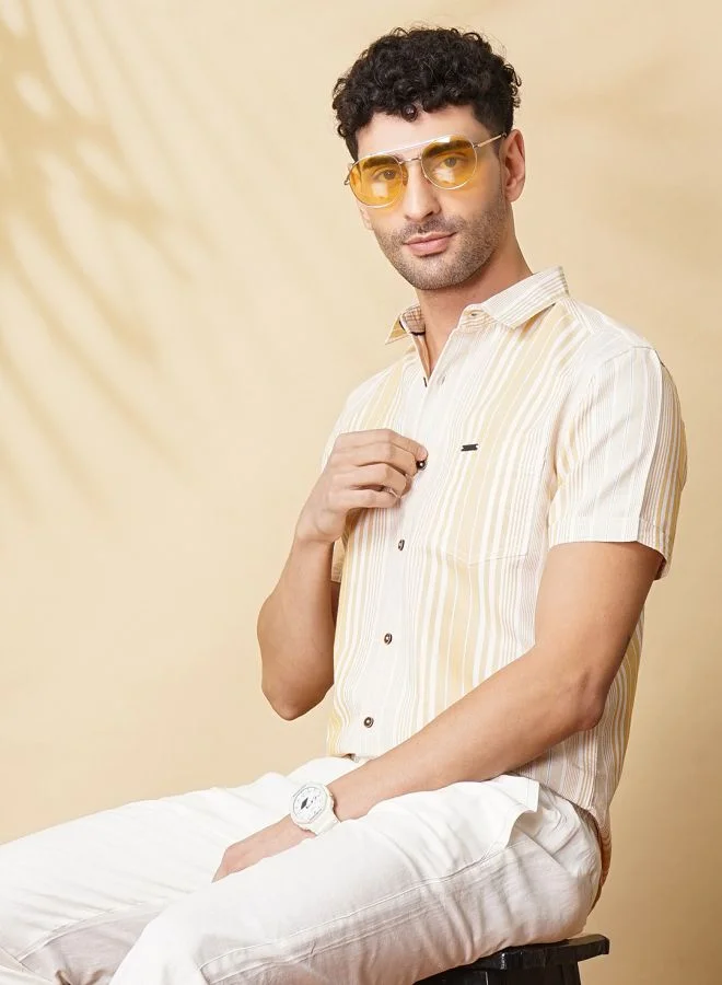 The Indian Garage Co Men Slim Fit Striped Half Sleeves Cutaway Collar Casual Shirt
