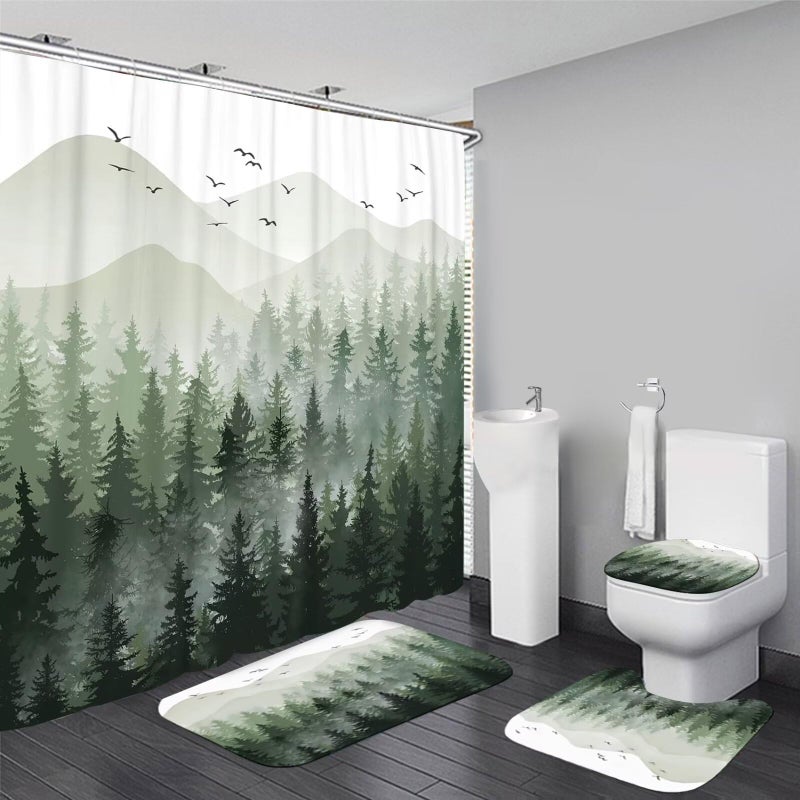 DDQQ 4Pcs Green Misty Forest Shower Curtain Sets with 12 Hooks NonSlip Rugs Toilet Lid Cover and Bath Mat for Bathroom Decor Sets Nature Tree Mountain Shower Curtains for Bathroom