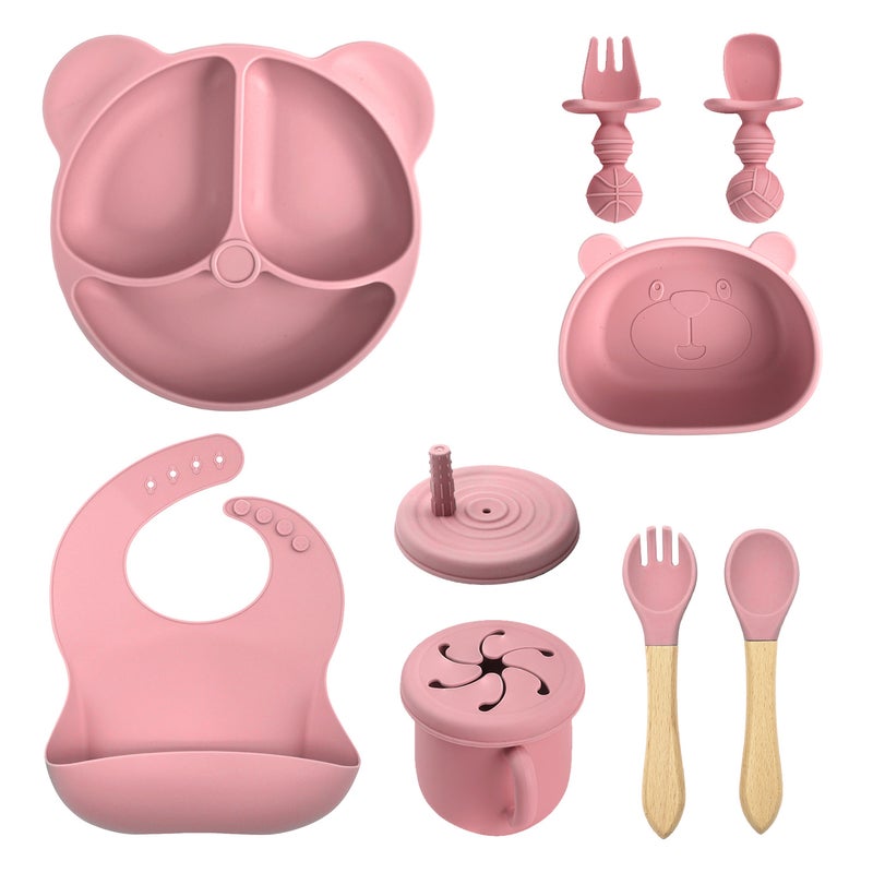 Silicone Baby Dining Set Soft Bib Bowl Spoon10 pieces of deep powder-bear plate bear head bowl 2 in 1 cup bib wooden fork spoon short fork spoon 10 pieces of deep powder-bear plate bear head bowl 2 in 1 cup bib wooden fork spoon short fork spoon