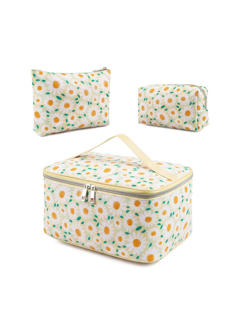 Cool Baby COOLBABY Makeup Bag Set, 3 Pcs Portable Travel Cosmetic Bag Waterproof Organizer Case with Zipper Toiletry Bags, Gift for Women, Light Yellow, White - Image 1