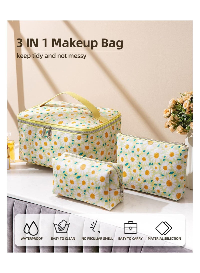 Cool Baby COOLBABY Makeup Bag Set, 3 Pcs Portable Travel Cosmetic Bag Waterproof Organizer Case with Zipper Toiletry Bags, Gift for Women, Light Yellow, White - Image 2
