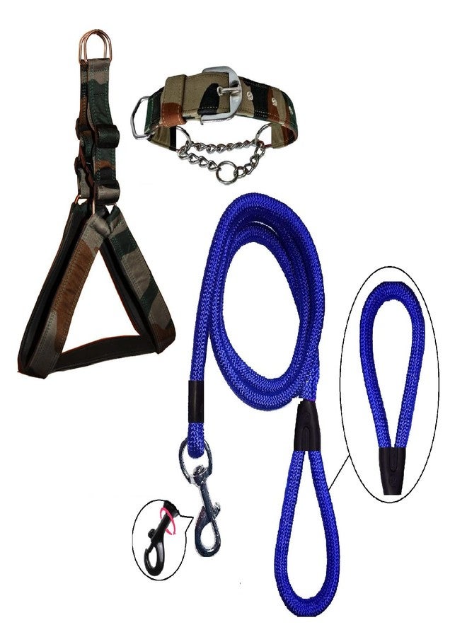 Hachiko:-(Combo of 3) Amazing Quality Nylon Padded Adjustable Dog Harness+Choke Collar+Rope(Extra Large,Army-Blue) - Image 1
