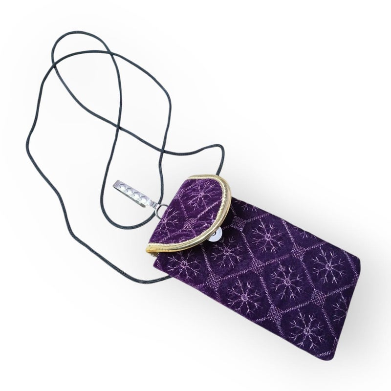 SUMERA WARQ Velvet Mobile Phone Pouch, Snowflake Embroidered Pattern, Multicolor with Gold Trim, Sling and Clip (Purple) - Image 2