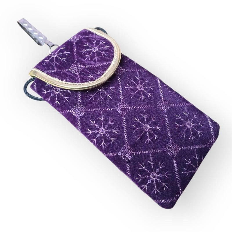 SUMERA WARQ Velvet Mobile Phone Pouch, Snowflake Embroidered Pattern, Multicolor with Gold Trim, Sling and Clip (Purple) - Image 1