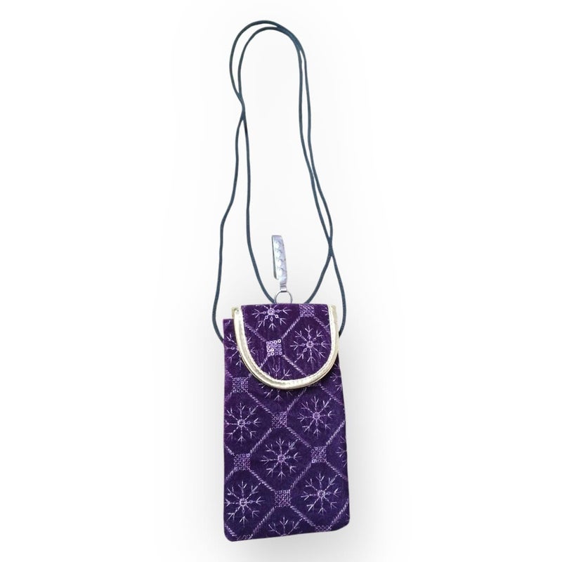 SUMERA WARQ Velvet Mobile Phone Pouch, Snowflake Embroidered Pattern, Multicolor with Gold Trim, Sling and Clip (Purple) - Image 4