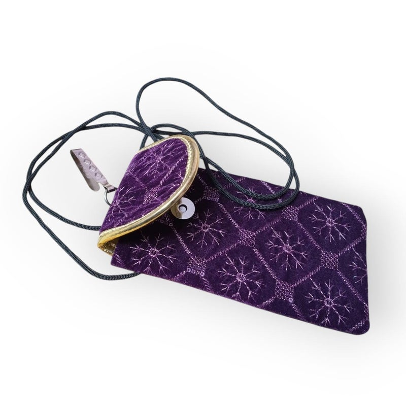 SUMERA WARQ Velvet Mobile Phone Pouch, Snowflake Embroidered Pattern, Multicolor with Gold Trim, Sling and Clip (Purple) - Image 3