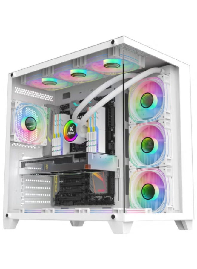 ATX Open Frame Gaming Computer Case – Large Tower Chassis with 360mm Water Cooling Support, Dual Tempered Glass Panels, and Adjustable GPU Bracket (White)