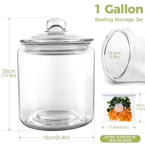 Masthome 1 Gallon Glass Jar with Lid,Large Glass Cookie Jar,Wide Mouth,Dishwasher Safe,Large Clear Jar,Storage Containers with Lids For Flour,Nuts,Cookies,Snacks-Send 15pcs Food Storage Bags - Image 2