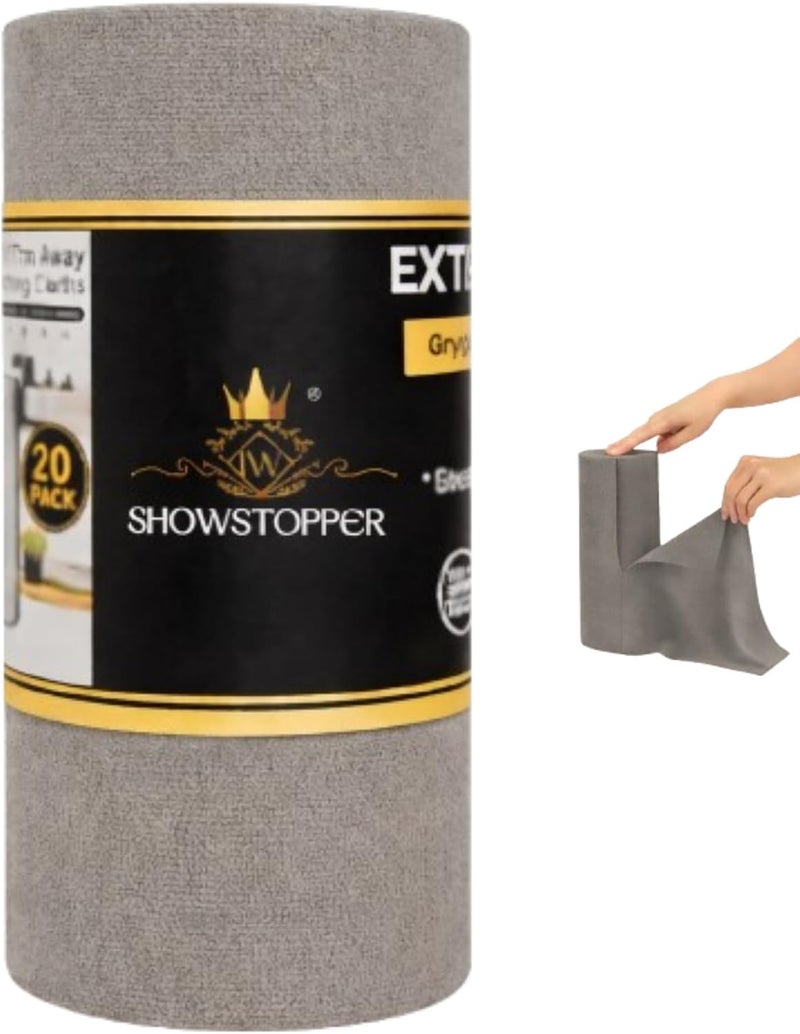SHOWSTOPPER لفافة مناشف تنظيف من الألياف الدقيقة من ، مناشف قابلة لإعادة الاستخدام وممزقة، قابلة للغسل، فائقة الامتصاص، خرق تنظيف، مناشف أطباق، قطعة قماش للتنظيف للسيارة أو المنزل أو المطبخ. (رمادي، 25 سم × 25 سم) - Image 1