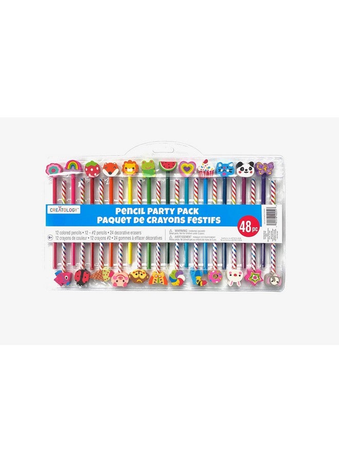 Creatology 48 Piece Pencil Party Pack! Includes 12 Colored Pencils, 12 No 2 Pencils, And 24 Fun Shaped Erasers! Perfect Back To School Item! Makes A Great Gift For An Artist! - Image 1