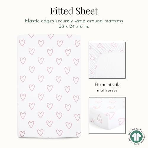 Evolur Baby Pink and Heart Print 3 Piece Mini Crib Bedding Set, Machine Washable, Soft and Breathable Toddler Bedding Set, Includes Fitted Sheet, Comfortor and Crib Skirt - Image 5