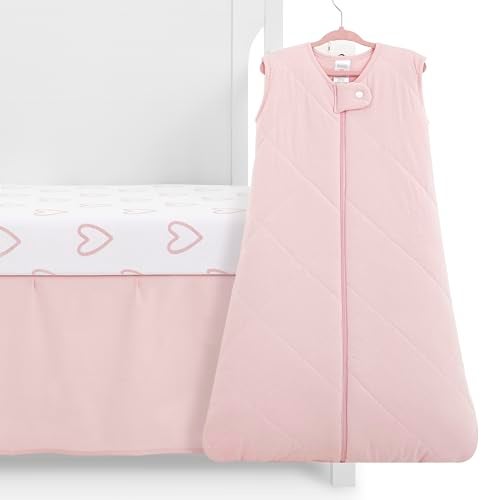 Evolur Baby Pink and Heart Print 3 Piece Mini Crib Bedding Set, Machine Washable, Soft and Breathable Toddler Bedding Set, Includes Fitted Sheet, Comfortor and Crib Skirt - Image 1
