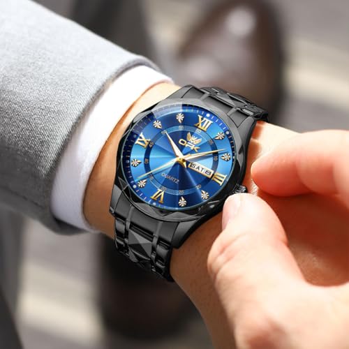 OPK Watches for Men Blue Black Diamond Roman Analog Mens Watches Waterproof Large Stainless Steel Men Wrist Watch Business Father Gift Watch - Image 2