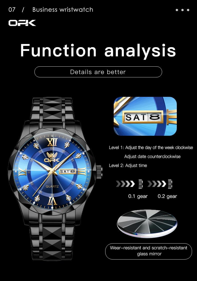 OPK Watches for Men Blue Black Diamond Roman Analog Mens Watches Waterproof Large Stainless Steel Men Wrist Watch Business Father Gift Watch - Image 5
