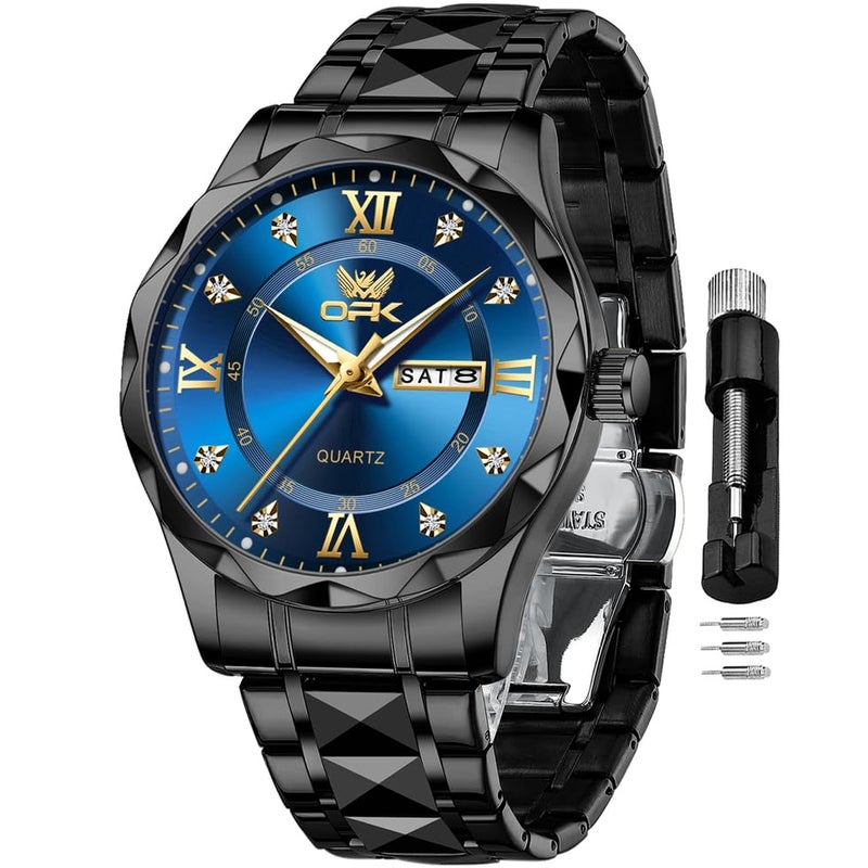 OPK Watches for Men Blue Black Diamond Roman Analog Mens Watches Waterproof Large Stainless Steel Men Wrist Watch Business Father Gift Watch - Image 1