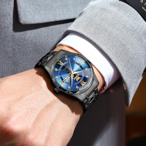 OPK Watches for Men Blue Black Diamond Roman Analog Mens Watches Waterproof Large Stainless Steel Men Wrist Watch Business Father Gift Watch - Image 4