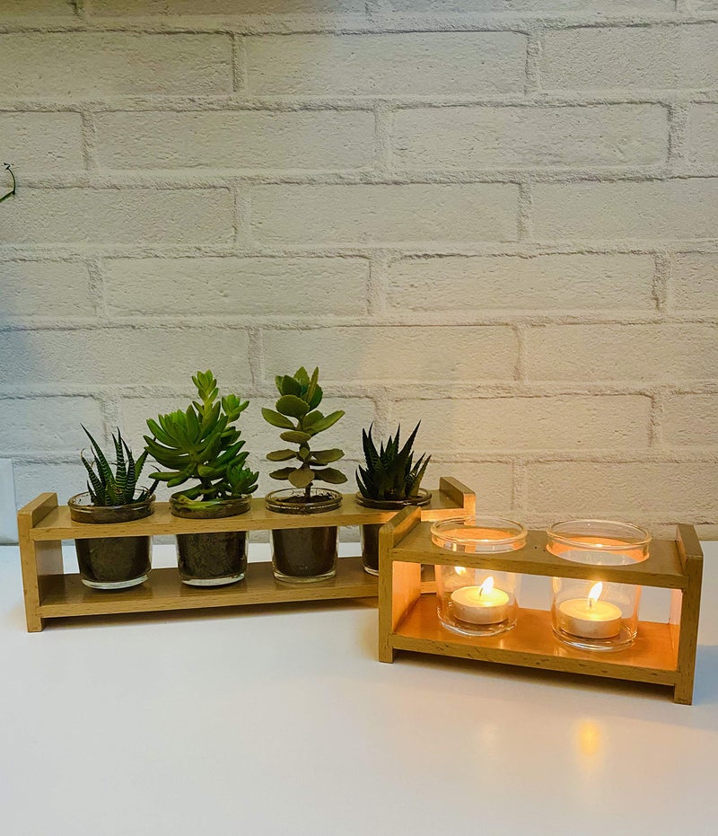 LABZIO Wooden Decorative Tea Light Candle Holder & Succulent Planter Stand Set | Eco-Friendly Home Decor for Diwali, Festive Lighting & Gifting | Elegant Table Centerpiece for Living Room & Puja - Image 5