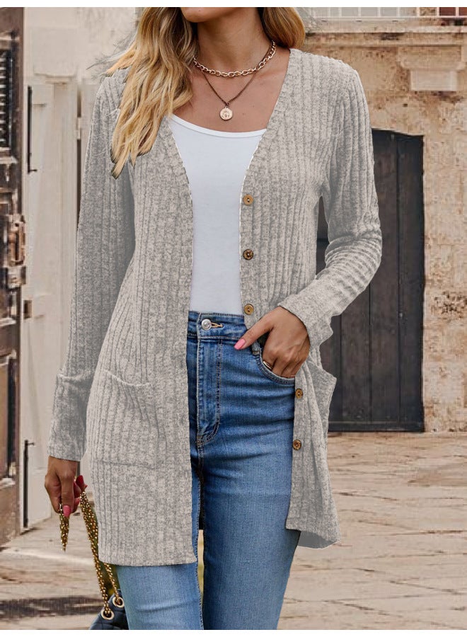 Women's Popular Street Casual Fashion V Neck Long-sleeved Flap Pocket Pants Slim Knitted Cardigan Jacket