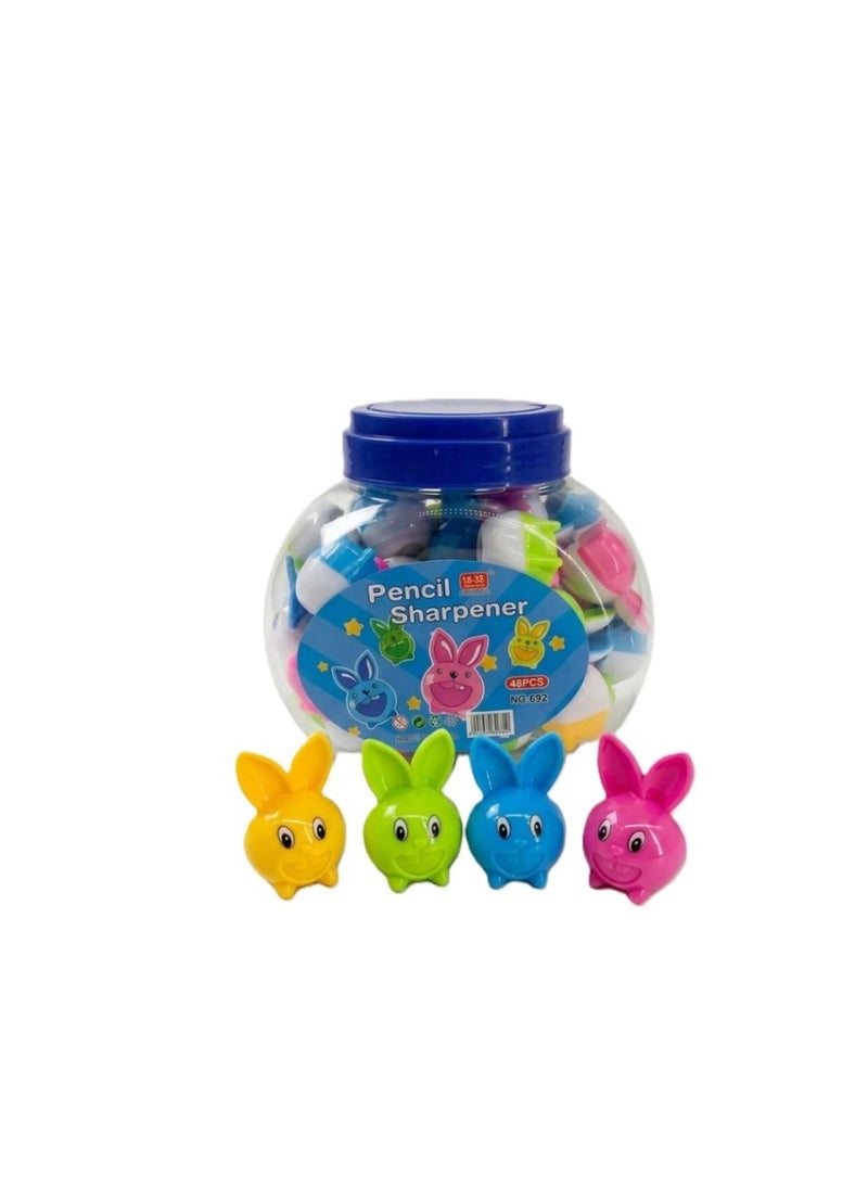 Bunny Pencil Sharpeners for Kids, Assorted Colors, 48-Piece Jar